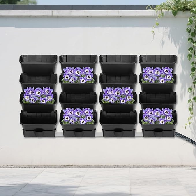 Wall-Mounted Vertical Garden Planter Set – 24 Self-Watering Planters with Drainage Pipe, Stackable Wall Planters for Indoor & Outdoor Use (Black, 16PCS)