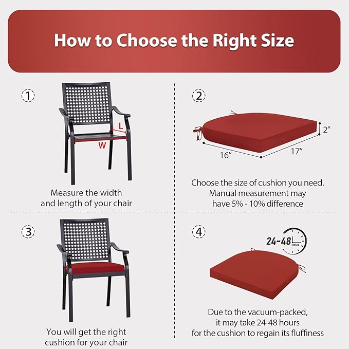 Outdoor Chair Cushions Set of 4, 17 x 16 Inch Patio Chair Cushions, Water Resistant, Non-Slip Ties (Brick Red)