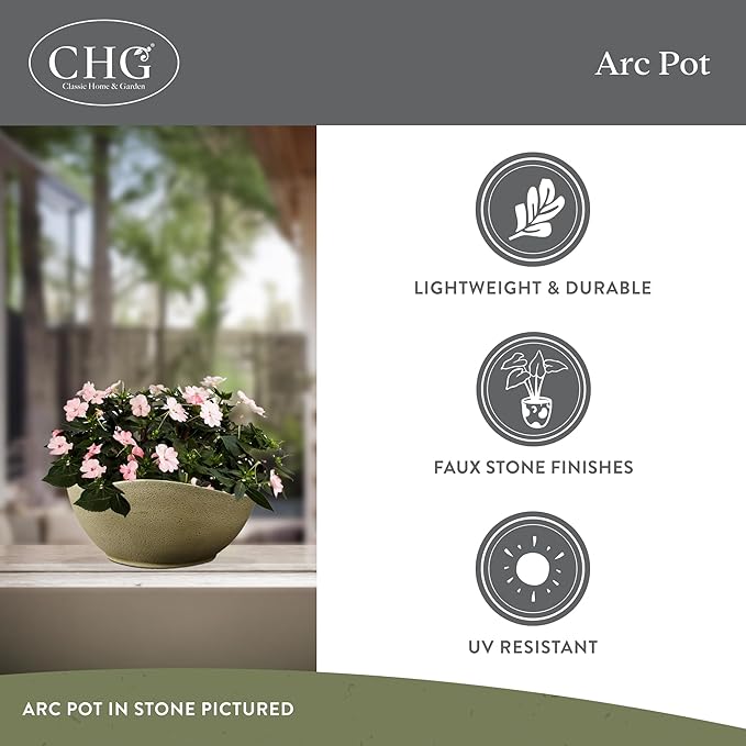 Classic Home and Garden Arc Unique Planter Bowl w/Drain Plug - UV Resistant Shallow Planter - Modern Plant Pot for Herbs (12” Stone)