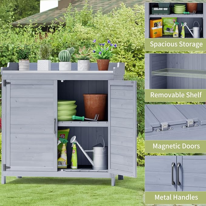 Gizoon Outdoor Potting Bench with Metal Tabletop, Outdoor Garden Patio Wooden Storage Cabinet with Adjustable Shelf, Double Doors Garden Work Bench for Backyard, Patio, Lawn - Grey
