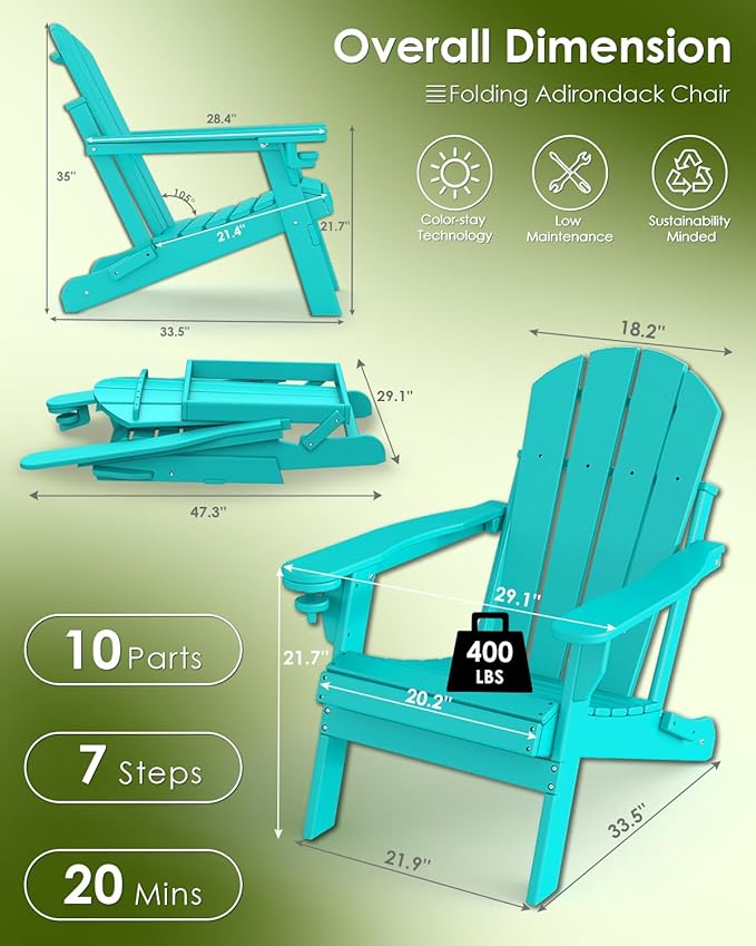 GREENVINES Folding-Adirondack-Chair | HDPE Plastic | Fire Pit Chairs | All Weather | Cup Holder | Aqua | for Deck Backyard Patio Outdoor Garden