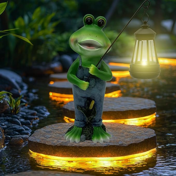 Solar Lantern Garden Statues Decor, 10" Large Outdoor Frog Figurine Lights for Yard Patio Decoration - Unique Christmas Housewarming Gift for Grandma Wowen Mom