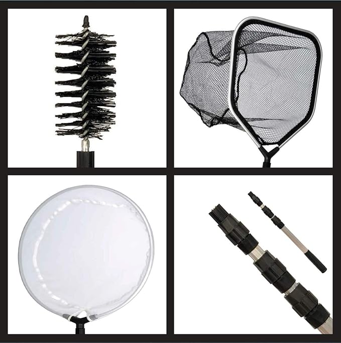 Koi Fish Pond & Water Garden Care Set with Telescoping Adjustable Pole, Pond Cleaning Care Kit, 4-in-1 Net Set Includes Scrubbing Brush, Skimming Net & Fish Catching Net with 6 FT Telescopic Pole