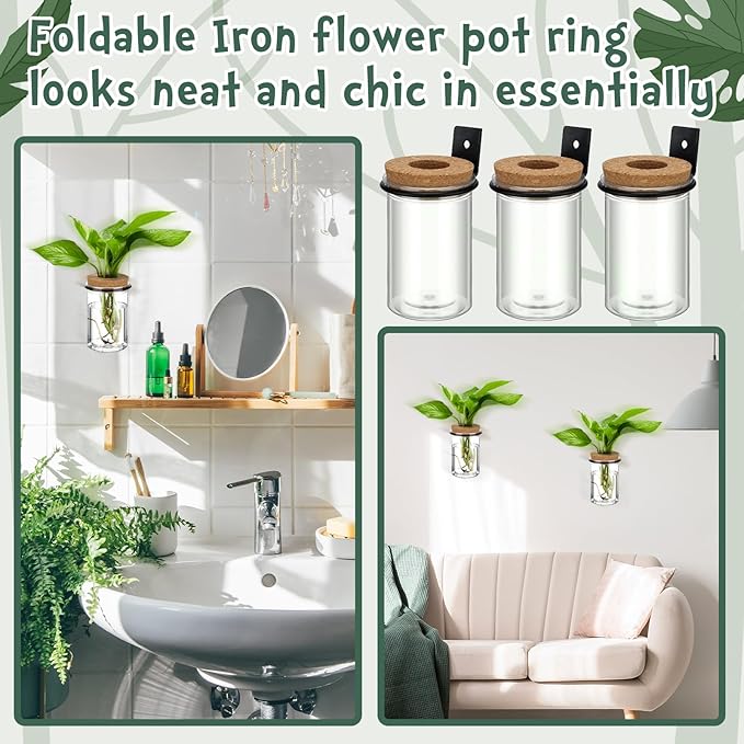Baderke 6 Set Wall Plant Holder with Plastic Propagation Vases Hanging Planter Wall Mounted Set for Plants Growing in Water Hydroponic Artificial Plants Indoor Decor (2.48" X 3.94",Classic)