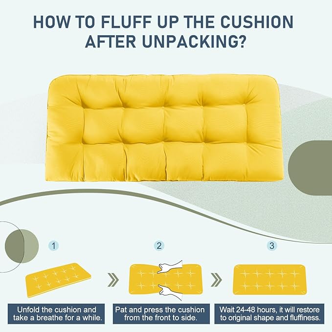 downluxe Outdoor Bench Cushion for Patio Furniture, Waterproof Tufted Overstuffed Porch Swing Cushions, Thick Outdoor Loveseat Cushions, 44" X 19" X 5", Yellow, Set of 1