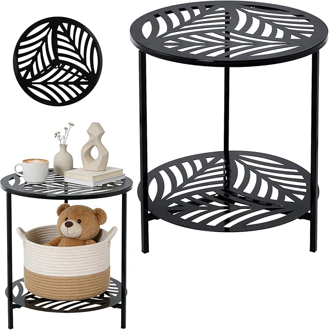 17.7" Two-tiered Metal Round Side Tables Extra-large Black Outside End Table for Patio Round Accent Garden Corner Stand for Small Spaces Weather-resistant Coffee Table for Balcony Porch Plant Stand