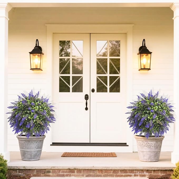 Artificial Boxwood Topiary Ball with Lavender, Set of 2 Artificial Shrub Bushes with Ground Spike, Fake Evergreen Tree for Porch, Artificial Plants for Outdoor Planters Indoor UV Resistant