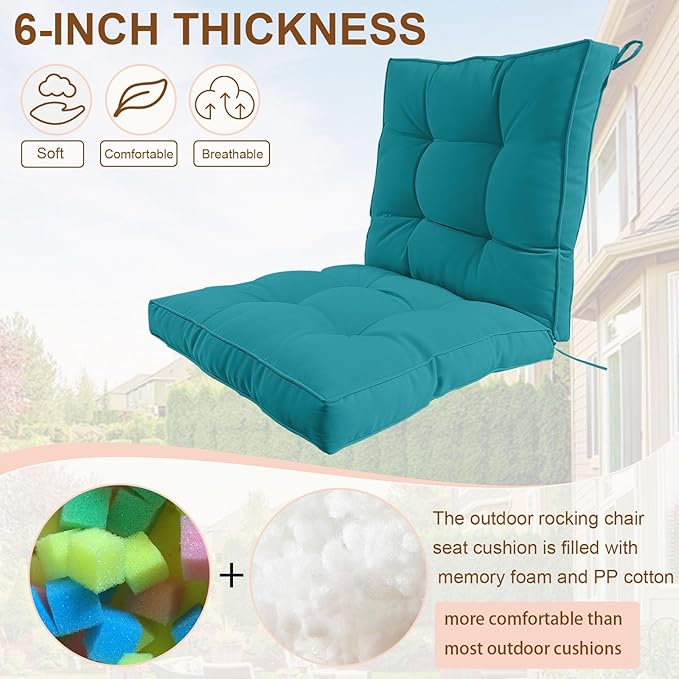 2 Piece Outdoor Patio Chair Cushions, Fade Resistant Outdoor Cushions for Patio Furniture, 6 inch Thickened Rocking Chair Cushions Set (Turquoise, 24x24x6 inch - 2 Pieces)
