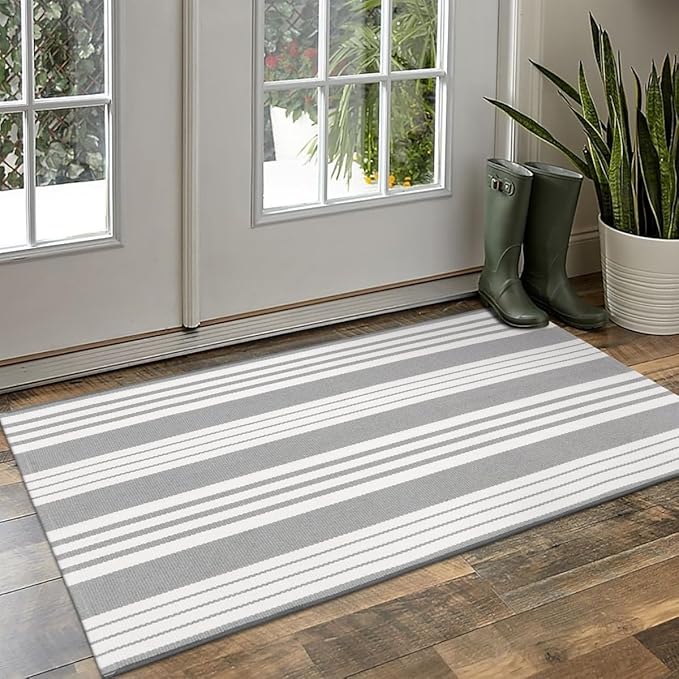 OJIA Front Door Rug 24''x51'' Gray and White Striped Outdoor Rug Machine Washable Porch Rug Front Door Mat Outdoor Indoor Area Rugs Cotton Woven Entry Mat for Home Entrance/Farmhouse Decor