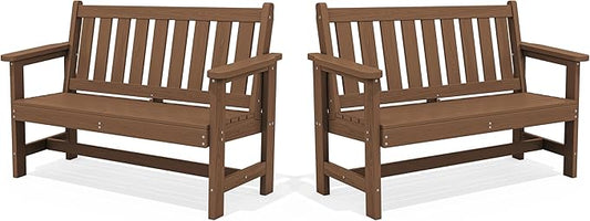 SERWALL Outdoor Bench, HDPE Outdoor Benches Weatherproof, 2-Person Garden Bench with 660 lbs Weight Capacity, Patio Benches for Outdoors, Garden, Porch, Backyard and Park, Brown, 2 Pack