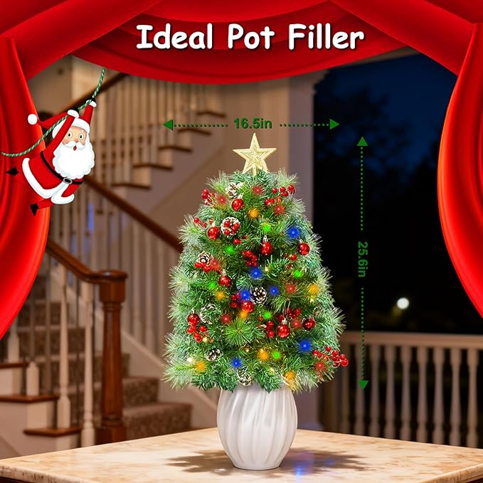JOYHALO 2 Pack 32 Inch Outdoor Porch Christmas Tree with 50 Lights in Warm White and Multicolor, Prelit Artificial Christmas Tree Urn Filler with PVC&PET Branches for Pathway Entryway Decorations