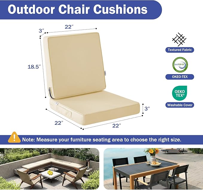 Outdoor Cushions, Outdoor Chair Cushions 22x22x3 Inch, Cushions for Outdoor Furniture with Removable Cover, Waterproof & Fade Resistant Outdoor Seat Cushions for Patio, Lawn, Beige