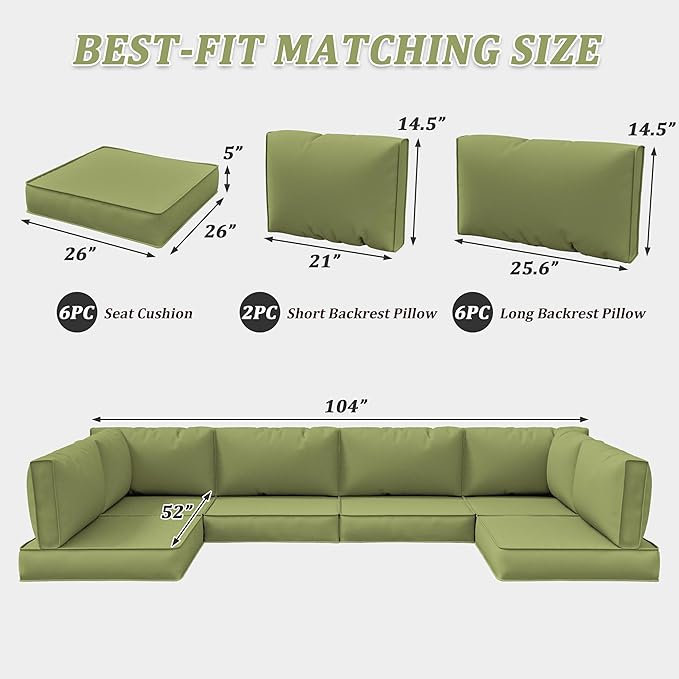 14-Piece Outdoor Cushions for Patio Furniture Thick Outdoor Chair Cushions 5" Foam High-Density Water-Resistant Deep Seat Cushion for 6-Seat Sectional Sets Liner&Cover Light Green