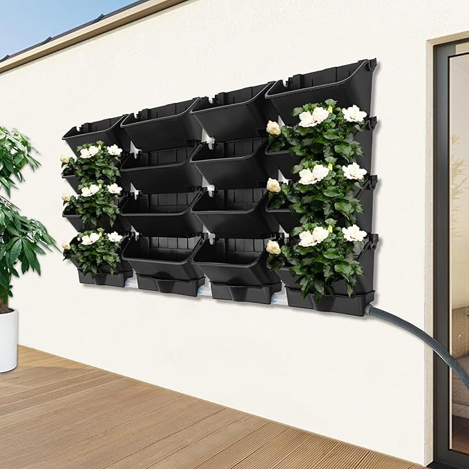 Wall-Mounted Vertical Garden Planter Set – 24 Self-Watering Planters with Drainage Pipe, Stackable Wall Planters for Indoor & Outdoor Use (Black, 16PCS)