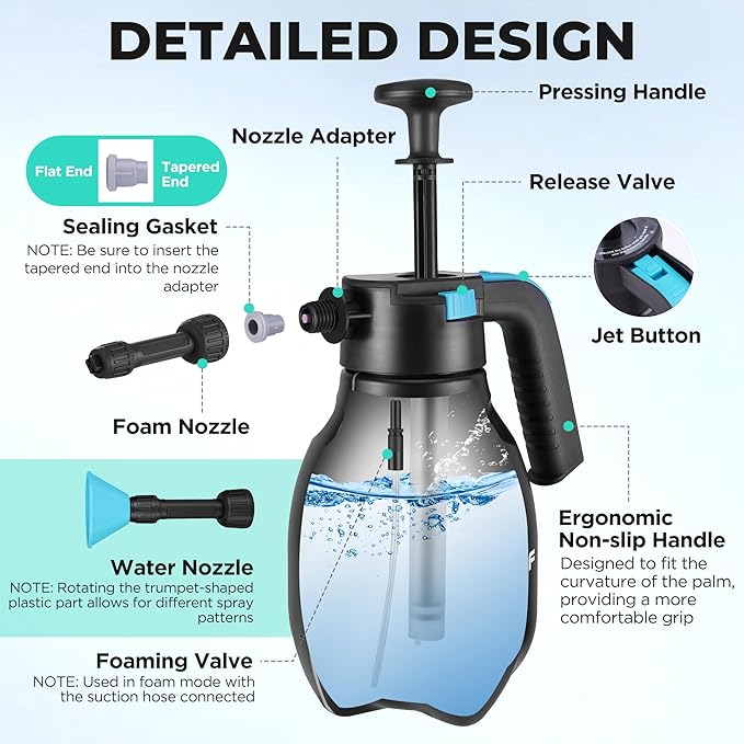 HAUSHOF Hand Pump Sprayer 1/2 Gallon, Pressure Garden Spray Bottle for Plants, Weeds, Flowers, Foam Sprayer Car Detailing with 2 Adjustable Nozzles, Lawn Watering & Outdoor Cleaning, 2L