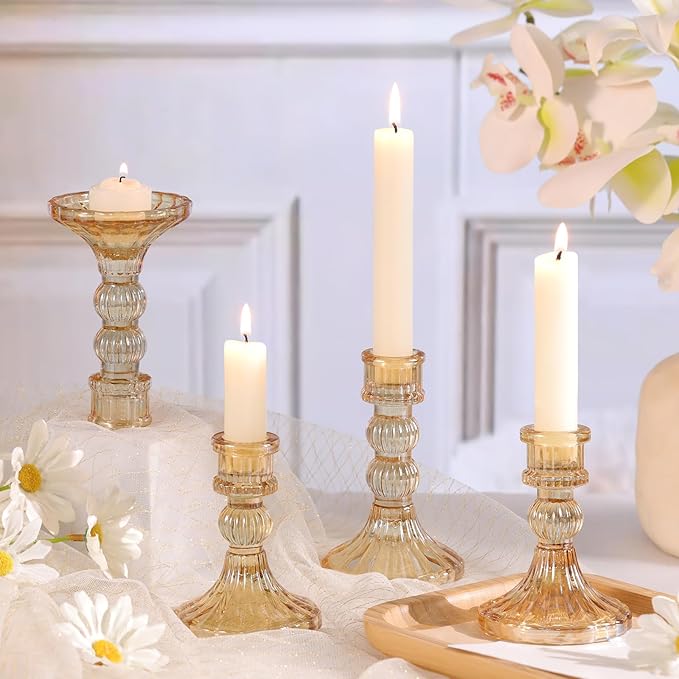 DARJEN 6Pcs Gold Candlestick Holders Set - 4" H & 5" H Striped Taper Candle Holders Bulk, Glass Candle Holders for Wedding, Festival, Party, Table Centerpiece, Gifts