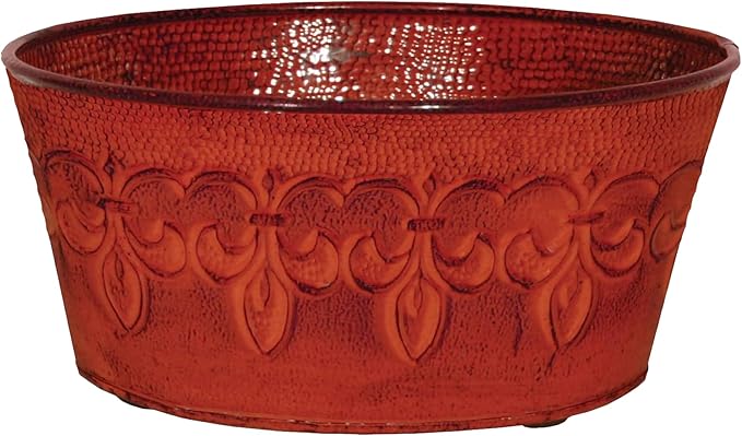 Headwind Ironlite Fleur De Lis Collection – 8" Cayenne Red Bowl Decorative Planter with Drain Plug – Lightweight Metal Garden Pots for Indoor & Outdoor Planters Use by Robert Allen