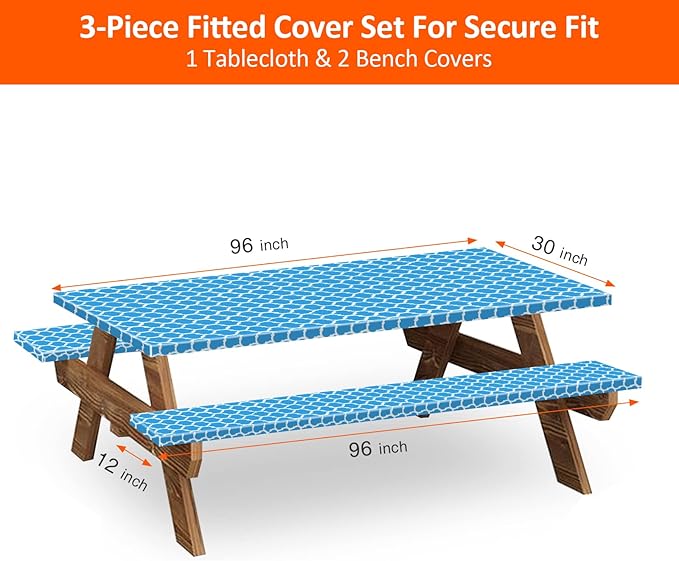 KENOBEE 8ft Picnic Table and Bench Cover, Camping Essentials RV Gear, 96 in Waterproof Windproof Outdoor Elastic All Around Tablecloth, Fitted Rectangle Tables and Seats, Blue-White Moroccan