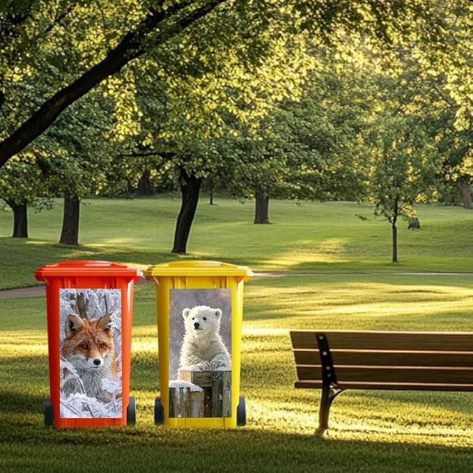 2PC Trash Can Sticker 14.57 x 32.28 Inch Polar Bear and Fox Design Winter Forest Theme Decorative Garbage Bin Cover Outdoor Trash Can Decal Art for Home Yard Garden Christmas Decoration