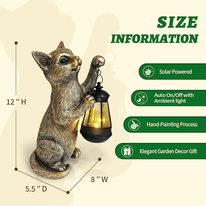 HONGLAND Cat Outdoor Statues Garden Decor, Cat Figurines Solar Lantern Lights, Birthday Gifts for Mom, Front Patio Balcony Yard Art Lawn Ornaments Porch Outdoor Decorations