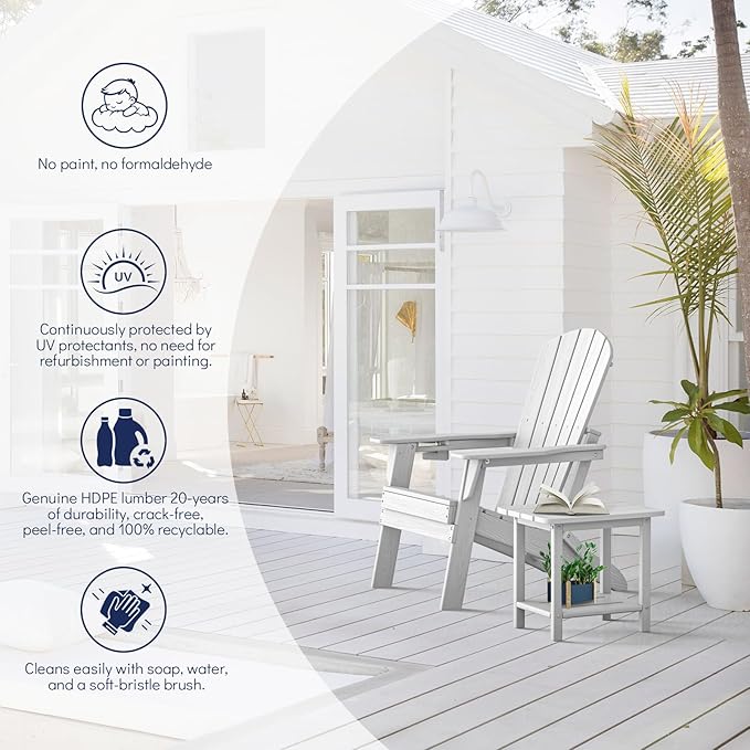 Plawdlik Folding Adirondack Chair Set of 6 with Cup Holder,Wooden Textured,Heavy All-Weather HDPE Comfortable Set Poolside Backyard Lawn,White