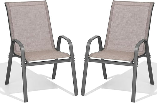 Patio Chairs Set of 2, Easily Set Up Stackable Outdoor Dining Chairs with High Back and Wide Seat, All Weather Breathable Outdoor Chairs Set of 2 with Metal Frame for Backyard Deck Pool, Brown