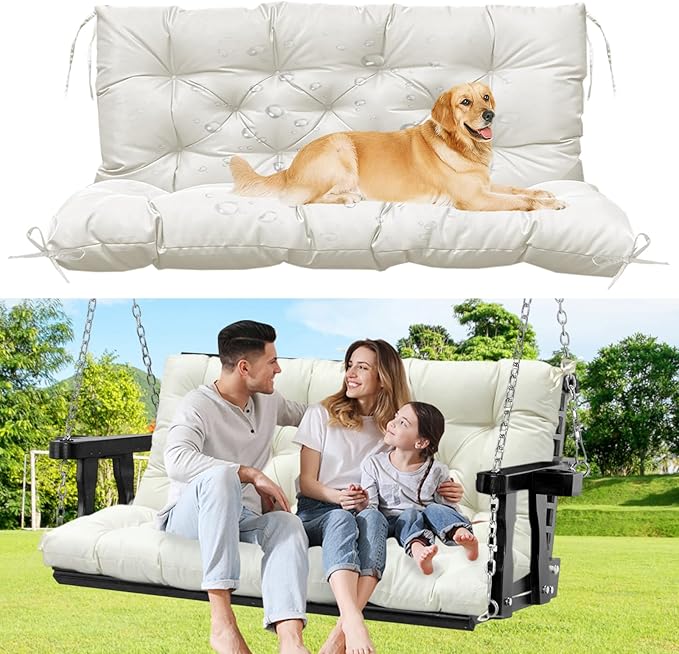 60" Porch Swing Cushion with Backrest, Waterproof Outdoor Bench Swing Cushions 3 Seater Replacement Thickened Swing Cushions with Ties for Patio Garden Backyard,Beige,60x40in