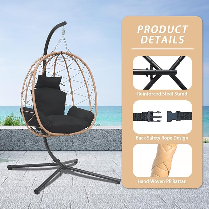 Hanging Egg Chair with Stand Indoor Swinging Chair Outdoor Hammock Egg Chair for Patio, Bedroom, Garden and Balcony (Black, Small)