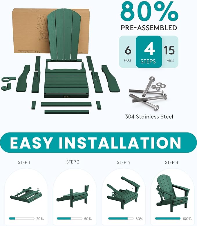SERWALL Foldable Adirondack Chair Set of 4 for Patio Garden Outdoors Fire Pit Chairs-Green
