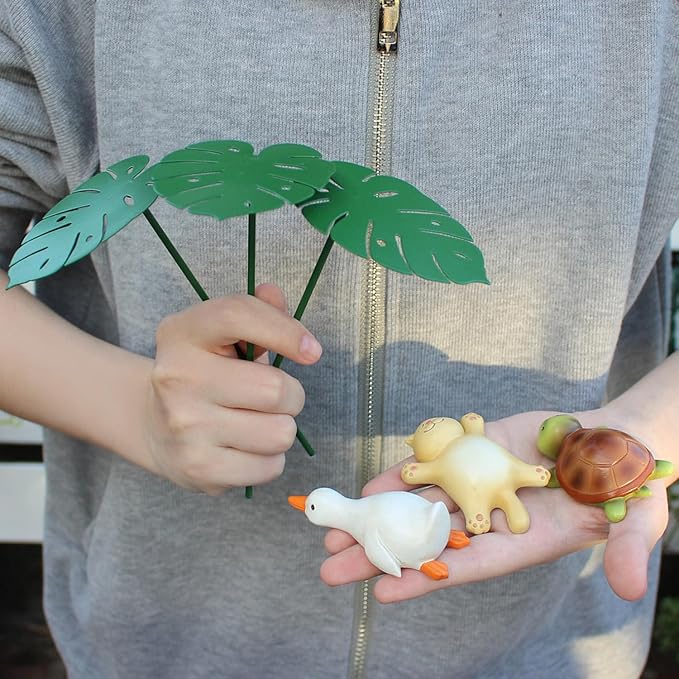 Planter Decorations,Kitten, Duck and Turtle Lying on Leaves Garden Stakes for Flower Pot Indoor and Outdoor Cute Animal Fridge Magnets Decor