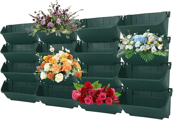 16 Pack Vertical Garden Planter,13 inch Wall Mounted Planter for Patio Indoor Outdoor Decor, Garden Self Watering Pot Balcony Plant Vegetable Fruit Herb Hanging Pocket Holder Flowerpot (Army Green)