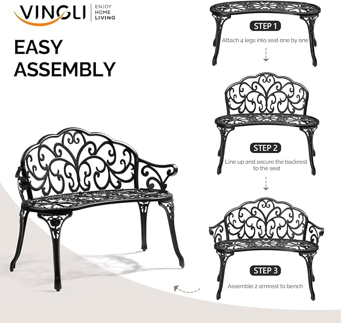VINGLI 38.5" Patio Park Garden Outdoor Metal Rose Bench, 2-Person Cast Iron Cast Aluminium Frame Antique Finish Chair,Accented Lawn Front Porch Path Yard Decor Deck Furniture (Black, Butterfly)
