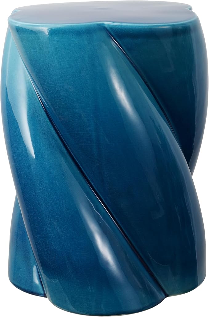 JONATHAN Y TBL1036C Yves 18" Modern Minimalist Rope Twist Ceramic Indoor-Outdoor Garden Stool, Bohemian, Coastal, Cottage, Traditional, Spill-Proof, Living Room, Garden Room, Cracked Blue