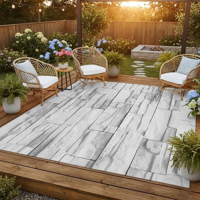 Vintage Abstract Old Brick Wall Texture Outdoor Waterproof Rug 6x9 Minimalist Gray White Stone Texture Outdoor Area Rug for Backyard Balcony Patio Deck Pool Washable Garden Courtyard Outside Mat