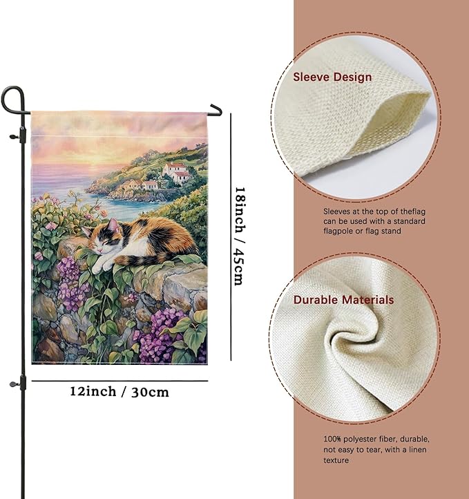 Spring Summer Cat Garden Flag, Calico Cat Relaxing Floral Home Decor Garden Banner, Double Sided Polyester Yard Flag Outdoor Lawn Decoration 12x18 Inch