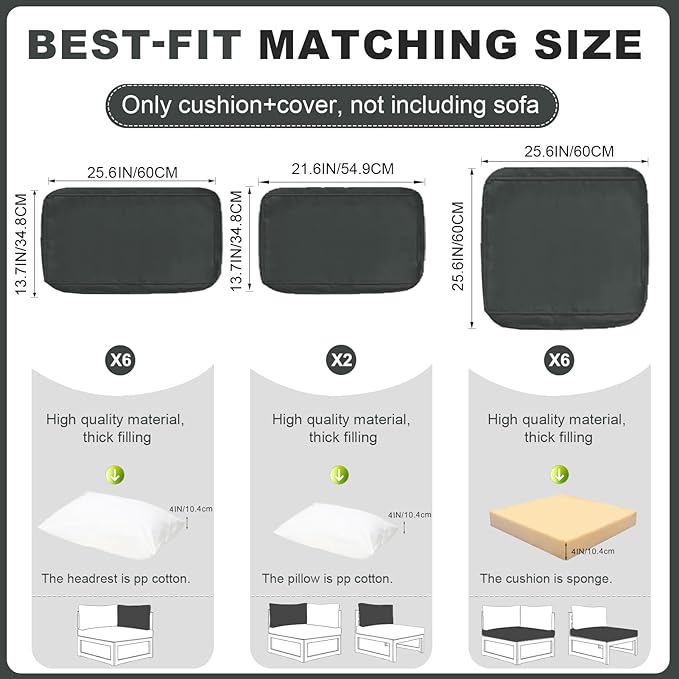Patio Sectional Cushions, 14-Piece Replacement Cushions for Outdoor Furniture, Water-Resistant Outdoor Sofa Cushion for 6-Seat Rattan Wicker Sectional Conversation Sets (Dark Gray)