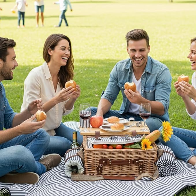 Multifunctional Wicker Picnic Basket Set for 2 with Blanket and Picnic Table, Insulated Picnic Set with Full Tablewares for Camping Outdoor Couples, Stripes