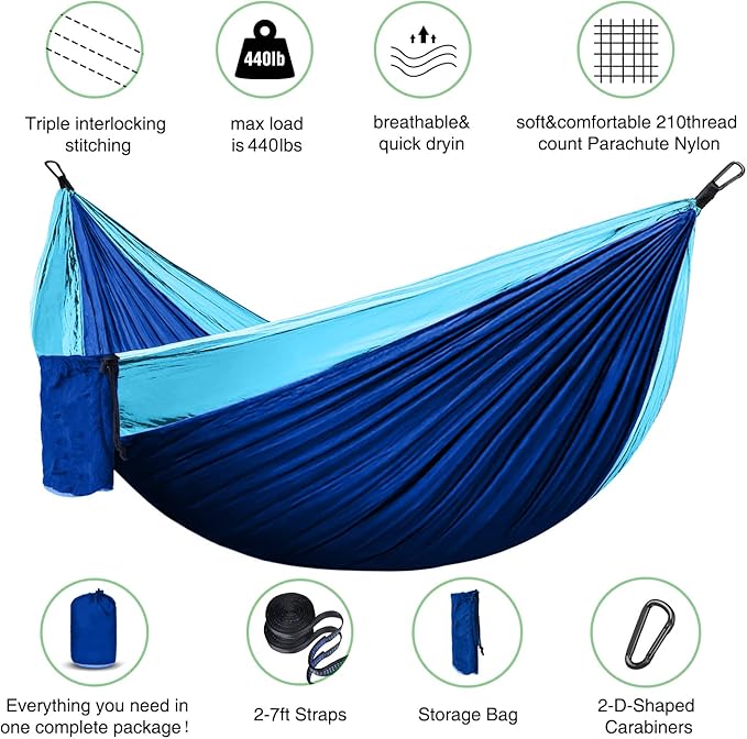 ERUW Hammock Camping, Portable Single/Double Hammocks for Outdoor Hiking Travel Backpacking - 210D Nylon Hammock Swing for Backyard & Garden (Blue/Sky Blue)