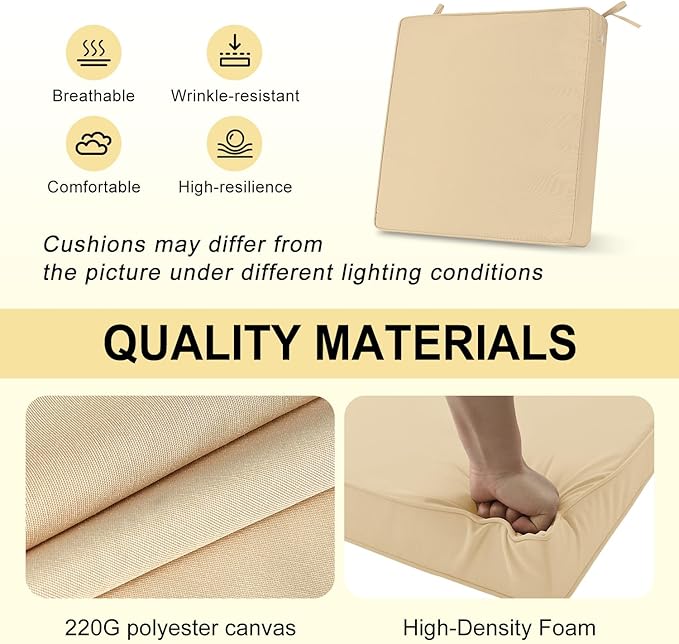 downluxe Waterproof Outdoor Chair Cushions for Patio Furniture, 22" x 22" x 3" Patio Chair Cushion with Adjustable Ties & Portable Handle, Square Outdoor Cushion with Removable Cover, Beige, 2 Pack