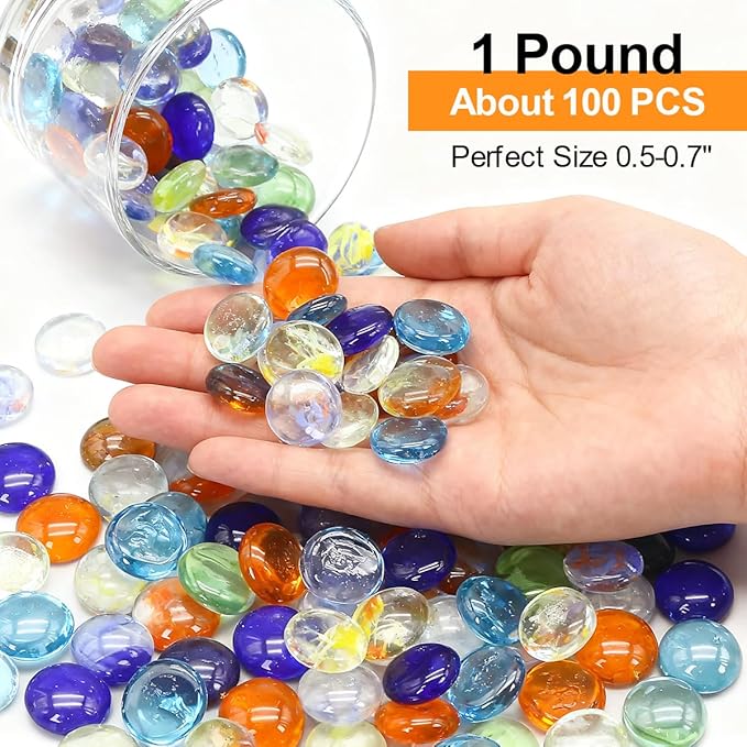 Mini Glass Gems for Vase,Mixed Colour Glass Stones Flat Bottom Marble Beads for Aquarium Fish Tank Planter Crafts Home Decorative Art Craft Vase Filler (Mixed, 1 Pound)