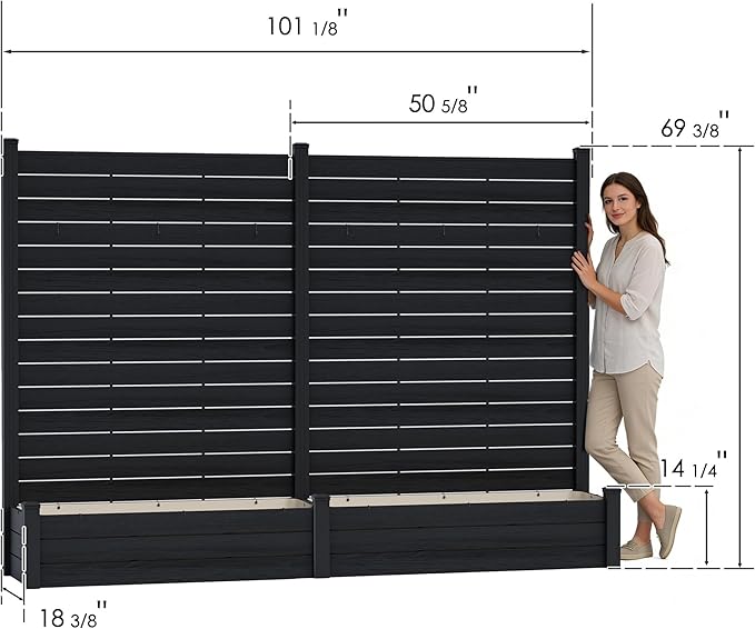 Kozyard 2Pack Privacy Screen with Planter, 70" H x 51" W Outdoor Garden Screen, Waterproof Aluminum Frame with Thick Wood-Plastic Boards, Decorative Privacy Screen for Patio, Balcony & Backyard Gray