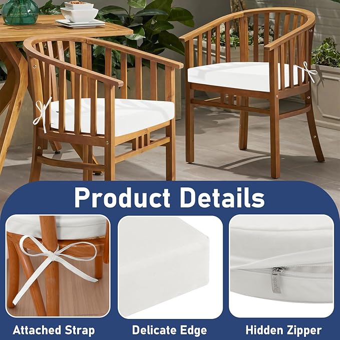Topotdor Outdoor Chair Cushions Set of 2, 19"x19"x3" Waterproof Patio Chair Cushions for Outdoor Furniture, Round Corner Outdoor Seat Cushions Color Fastness Chair Pads with Ties, White