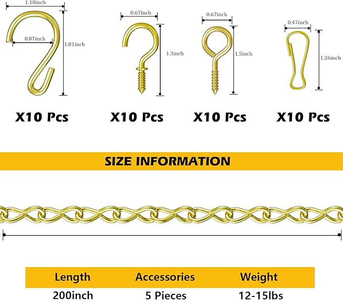 garini Hanging Plant Hooks,200 Inch Metal Glod Hanging Chain with S Hooks for Hanging Plants, Photo, Lantern, Billboards and Planters