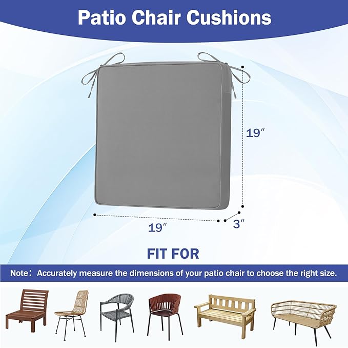 Patio Chair Cushions, 19" x 19" x 3" Outdoor Chair Cushions Set of 4, Waterproof Outdoor Cushions for Patio Furniture, Outdoors Seat Cushions Set of 4 with Handle and Ties, Light Grey