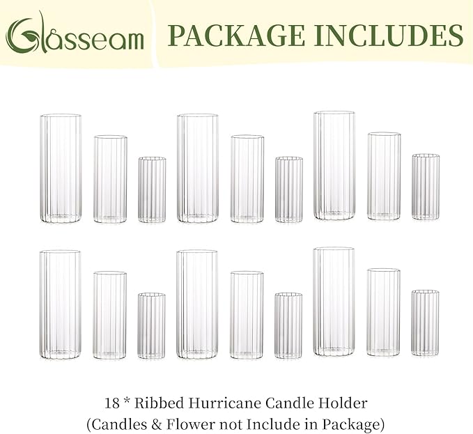 Glasseam Glass Cylinder Candle Holder, Clear Ribbed Vase Set of 18, Hurricane Pillar Candle Holder, Floating Candle Holders for Table Centerpiece, Flute Flower Vases for Centerpieces Dining Table