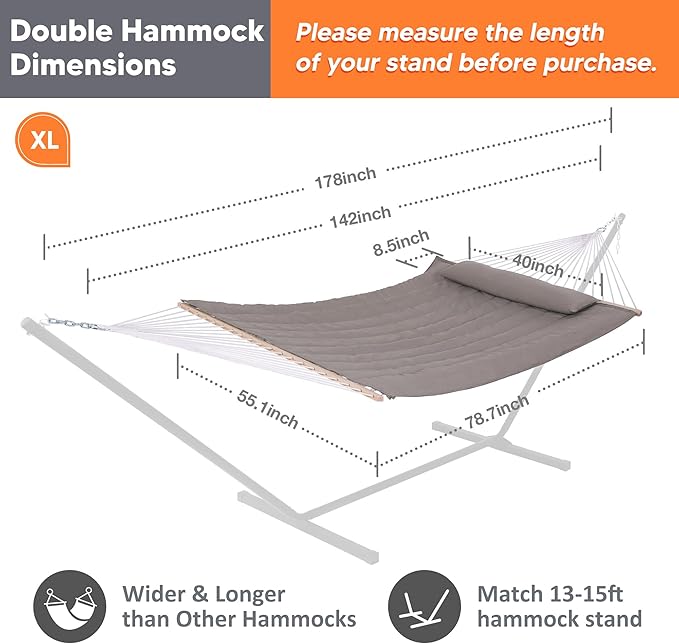 SUNCREAT Hammocks 2 Person Hammock with Hardwood Spreader Bar, Double Rope Hammock with Polyester Pad, Brown