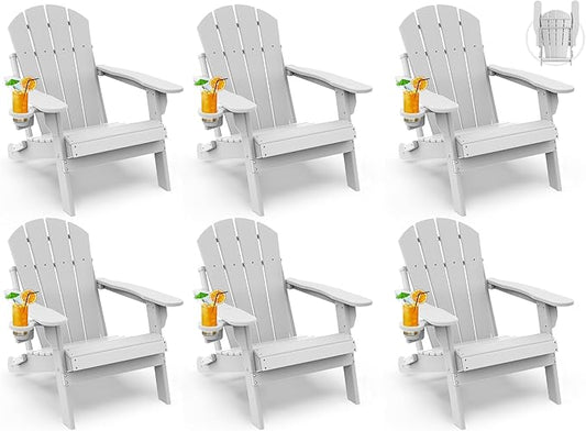 GREENVINES Folding-Adirondack-Chairs-Set-of-6 | HDPE Plastic | Fire Pit Chair | All Weather | Cup Holder | White | for Deck Backyard Patio Outdoor Garden
