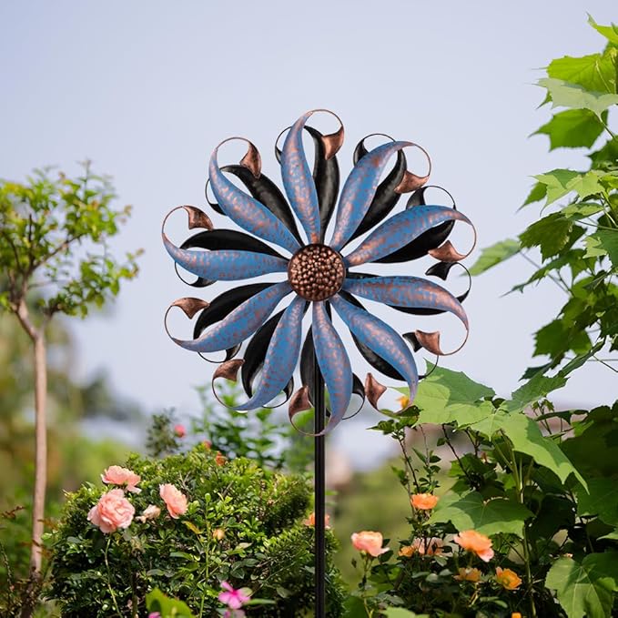 VEWOGARDEN Wind Spinners Outdoor, Metal Kinetic Wind Spinner with Flower Design for Yard Garden Lawn Decorations, Dark Blue