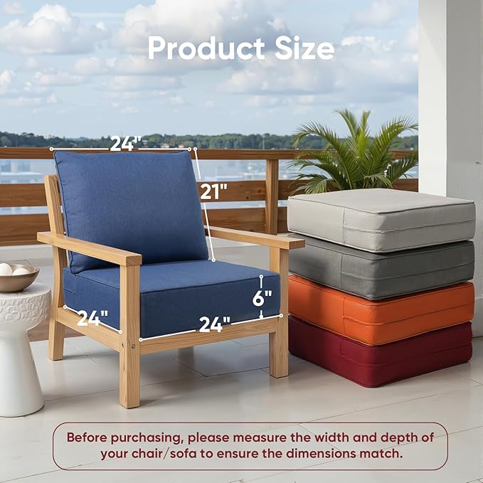 Outdoor Chair Cushions Set of 2, Waterproof 24x24 Patio Chair Cushion, 6" Thickened Seat Cushion for Outdoor Furniture, Couch Cushion Replacement, Include 2 Back & 2 Seat Cushions, Thick/Blue