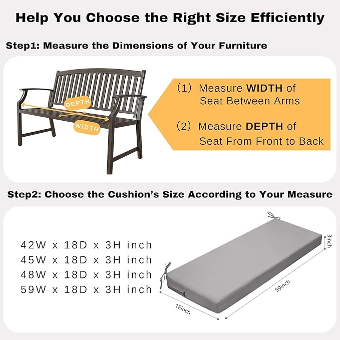 idee-home Outdoor Bench Cushion Waterproof, Bench Cushions for Outdoor Furniture, Patio Porch Swing Replacement Seat Pad with Ties for Garden Backyard, 59 x 18 Inch Grey